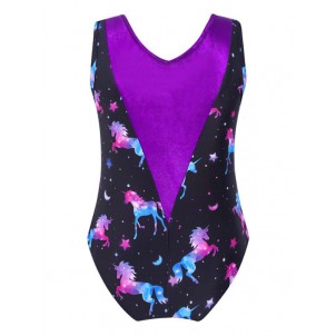 Girls V Neck Cartoon Print Ballet Dance Leotard Patchwork Design Gymnastic Jumpsuit Bodysuit