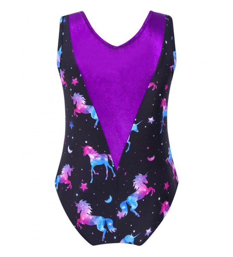 Girls V Neck Cartoon Print Ballet Dance Leotard Patchwork Design Gymnastic Jumpsuit Bodysuit