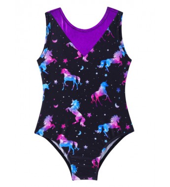 Girls V Neck Cartoon Print Ballet Dance Leotard Patchwork Design Gymnastic Jumpsuit Bodysuit