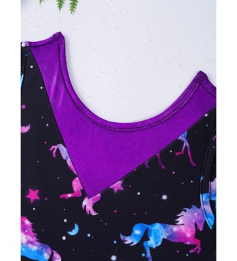 Girls V Neck Cartoon Print Ballet Dance Leotard Patchwork Design Gymnastic Jumpsuit Bodysuit