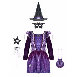 Girls Halloween Witch Cosplay Costume Stars Print Detachable Wings Dress with Pointed Hat Mask Bag and Fairy Wand Set