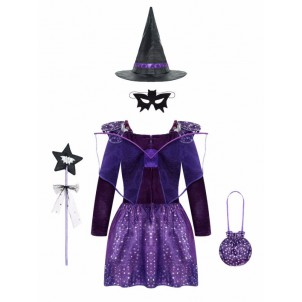 Girls Halloween Witch Cosplay Costume Stars Print Detachable Wings Dress with Pointed Hat Mask Bag and Fairy Wand Set