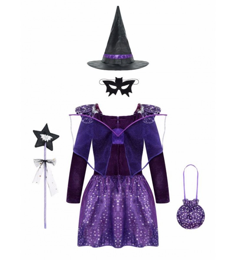 Girls Halloween Witch Cosplay Costume Stars Print Detachable Wings Dress with Pointed Hat Mask Bag and Fairy Wand Set