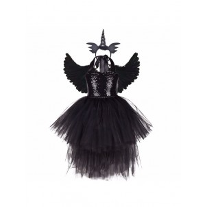 Girls Vampire Witch Halloween Cosplay Costume Halter Sequins High-Low Tulle Dress with Angel Wing and Single-Horn Headband