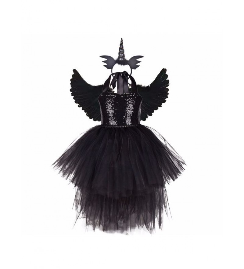 Girls Vampire Witch Halloween Cosplay Costume Halter Sequins High-Low Tulle Dress with Angel Wing and Single-Horn Headband