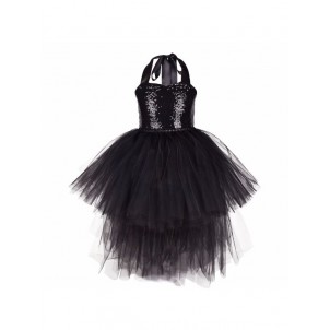 Girls Vampire Witch Halloween Cosplay Costume Halter Sequins High-Low Tulle Dress with Angel Wing and Single-Horn Headband