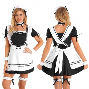 Womens Halloween Maid Cosplay Costume Set Anime Lovely Lolita Princess Dress