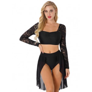 Womens Two-piece Lyrical Dance Costume Outfit Floral Lace Long Sleeve Pleated Crop Top with Skirted Briefs