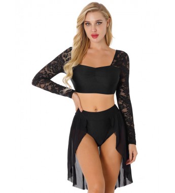 Womens Two-piece Lyrical Dance Costume Outfit Floral Lace Long Sleeve Pleated Crop Top with Skirted Briefs