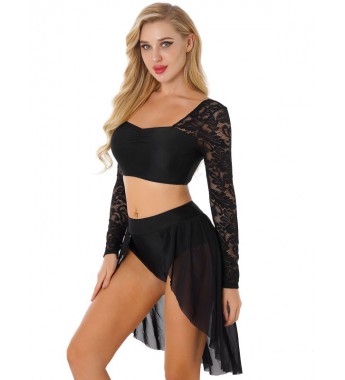 Womens Two-piece Lyrical Dance Costume Outfit Floral Lace Long Sleeve Pleated Crop Top with Skirted Briefs