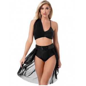 Womens Shiny Sequined Two-piece Lyrical Dance Outfit Costume Crisscross Back Crop Top with Skirted Shorts