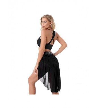 Womens Shiny Sequined Two-piece Lyrical Dance Outfit Costume Crisscross Back Crop Top with Skirted Shorts