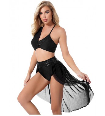 Womens Shiny Sequined Two-piece Lyrical Dance Outfit Costume Crisscross Back Crop Top with Skirted Shorts