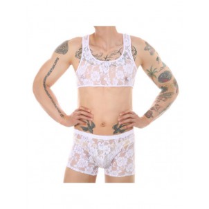 Men Flower Pattern See-Through Lace Lingerie Set Cropped Tank Top with Shorts Sissy Nightwear