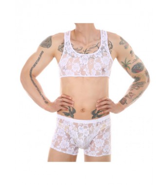 Men Flower Pattern See-Through Lace Lingerie Set Cropped Tank Top with Shorts Sissy Nightwear