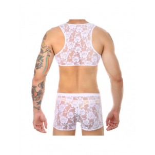 Men Flower Pattern See-Through Lace Lingerie Set Cropped Tank Top with Shorts Sissy Nightwear