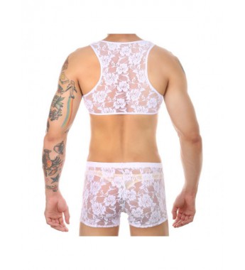 Men Flower Pattern See-Through Lace Lingerie Set Cropped Tank Top with Shorts Sissy Nightwear