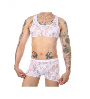 Men Flower Pattern See-Through Lace Lingerie Set Cropped Tank Top with Shorts Sissy Nightwear