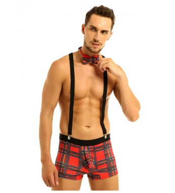 Men Plaid Bulge Pouch Boxer Briefs Underwear with Elastic Clip Suspenders and Bowtie Set