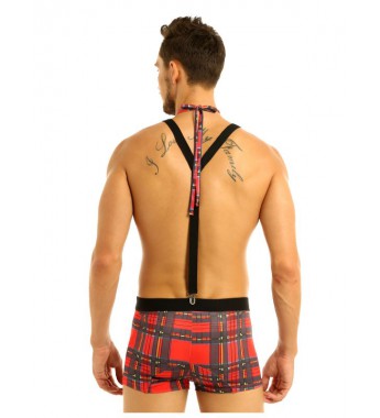 Men Plaid Bulge Pouch Boxer Briefs Underwear with Elastic Clip Suspenders and Bowtie Set