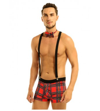 Men Plaid Bulge Pouch Boxer Briefs Underwear with Elastic Clip Suspenders and Bowtie Set