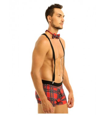 Men Plaid Bulge Pouch Boxer Briefs Underwear with Elastic Clip Suspenders and Bowtie Set