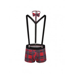 Men Plaid Bulge Pouch Boxer Briefs Underwear with Elastic Clip Suspenders and Bowtie Set