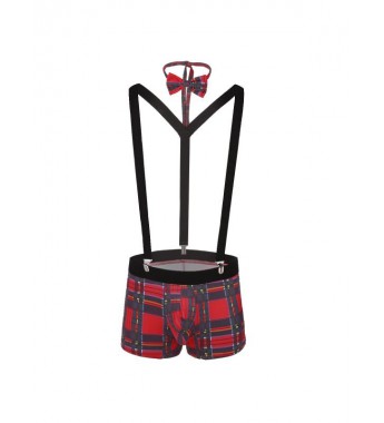 Men Plaid Bulge Pouch Boxer Briefs Underwear with Elastic Clip Suspenders and Bowtie Set