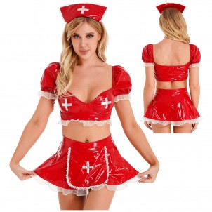 Women Nurse Cosplay Uniform Wet Look Leather Fancy Dress Halloween Party Costume