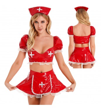 Women Nurse Cosplay Uniform Wet Look Leather Fancy Dress Halloween Party Costume