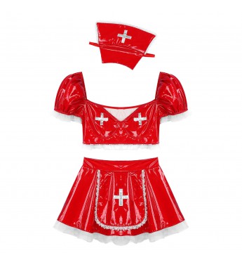 Women Nurse Cosplay Uniform Wet Look Leather Fancy Dress Halloween Party Costume