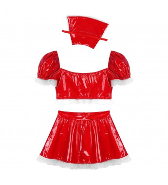 Women Nurse Cosplay Uniform Wet Look Leather Fancy Dress Halloween Party Costume