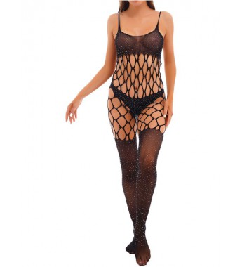 Womens Sexy Glitter Rhinestone Hollow Out Fishnet Bodystocking Lingerie Nightwear Bodysuit