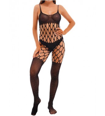 Womens Sexy Glitter Rhinestone Hollow Out Fishnet Bodystocking Lingerie Nightwear Bodysuit