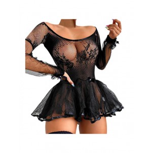 Womens Sexy See-through Lace Patchwork Dress Nightdress Lingerie Tulle Mini Dresses Babydoll Nightwear