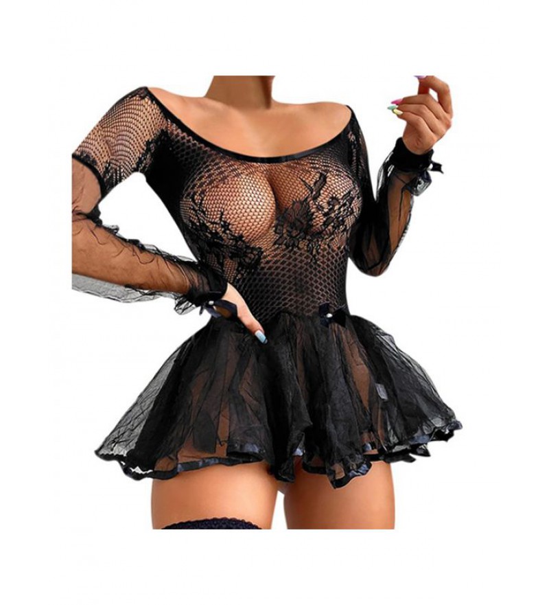 Womens Sexy See-through Lace Patchwork Dress Nightdress Lingerie Tulle Mini Dresses Babydoll Nightwear